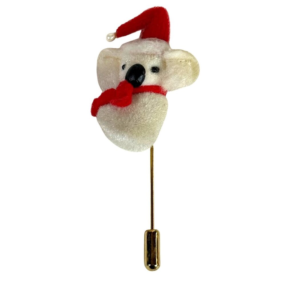 VTG Mini Christmas Koala Bear Stick Pin‎ Brooch With Santa Hat & Scarf Miniature
